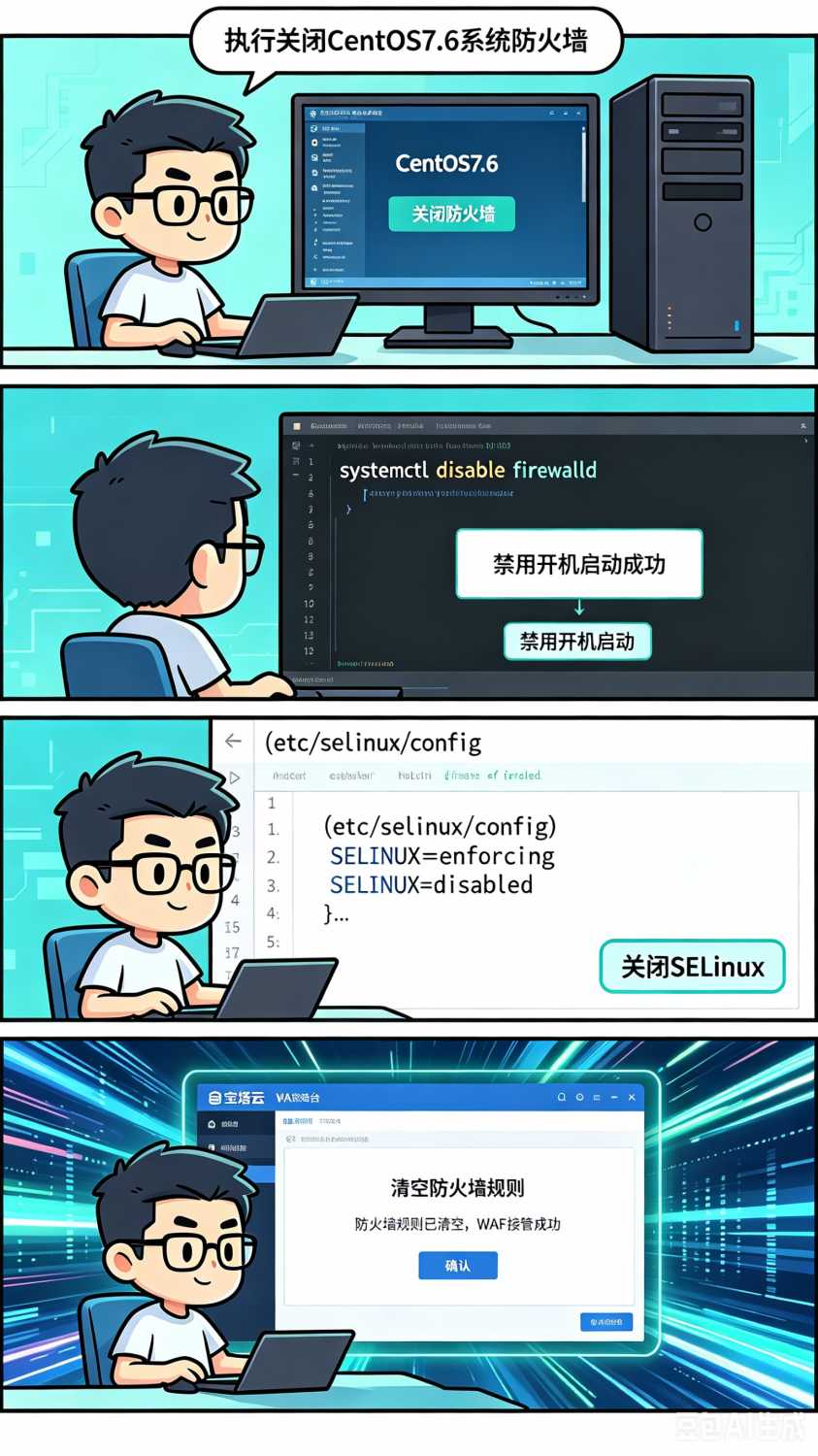 CentOS7.6 关闭系统防火墙 + 放行宝塔云WAF全权接管脚本-神人佛-善无痕蛇无泪
